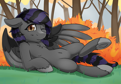 Size: 2432x1703 | Tagged: safe, artist:fearingfun, oc, oc only, oc:rune riddle, pegasus, pony, g4, autumn, belly button, cute, female, leaves, looking at you, lying down, mare, on side, one eye closed, outdoors, smiling, solo, spread wings, underhoof, unshorn fetlocks, wings, wink