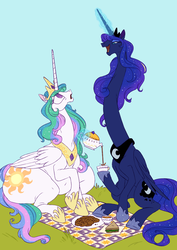 Size: 2480x3507 | Tagged: safe, artist:mellowhen, princess celestia, princess luna, alicorn, pony, g4, blue background, cookie, cup, eye contact, female, food, grass, high res, hoof hold, impossibly long neck, levitation, lidded eyes, long neck, looking at each other, looking up, magic, mare, necc, neck, open mouth, picnic, pouring, princess luneck, sandwich, sibling rivalry, simple background, sitting, smiling, smirk, sunbutt, surprised, tea, teacup, teapot, telekinesis, the ass was fat, wat, wide eyes