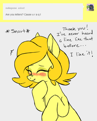Size: 1047x1316 | Tagged: safe, artist:robiinart, oc, oc only, oc:butterscotch (robiinart), earth pony, pony, ask, blushing, female, mare, solo, tumblr