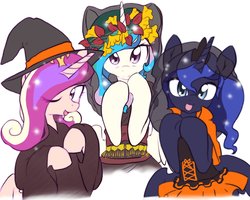 Size: 2048x1638 | Tagged: safe, artist:akainu_pony, princess cadance, princess celestia, princess luna, alicorn, pony, g4, alicorn triarchy, clothes, costume, dress, halloween, hat, holiday, japan ponycon, looking at you, royal sisters, simple background, witch hat