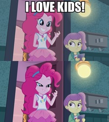 Size: 853x960 | Tagged: safe, edit, edited screencap, screencap, lily pad (g4), pinkie pie, equestria girls, g4, my little pony equestria girls: better together, pinkie sitting, caption, clothes, female, i am an adult, image macro, innuendo, ipad, jacket, magical geodes, meme, out of context, skirt, smiling, stranger danger, young