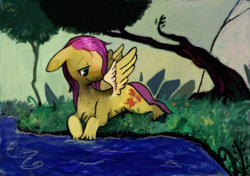 Size: 1632x1152 | Tagged: safe, artist:svartirhestar, fluttershy, pegasus, pony, g4, female, floppy ears, grass, lidded eyes, looking down, peaceful, prone, river, solo, spread wings, tree, unshorn fetlocks, water, wings