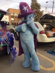 Size: 320x240 | Tagged: safe, artist:atalonthedeer, artist:ramivic, nightmare moon, trixie, human, g4, cutout, diecut, fursuit, irl, irl human, nightmare night, photo, trunk or treat