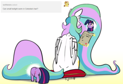 Size: 2349x1593 | Tagged: safe, artist:greyscaleart, princess celestia, twilight sparkle, alicorn, pony, unicorn, the tiny apprentice, g4, ask, cute, duo, exploring, female, filly, filly twilight sparkle, magic, now you're thinking with portals, pillow, portal, sitting, size difference, smol, telekinesis, tumblr, younger