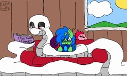 Size: 512x308 | Tagged: safe, artist:chillywilly, oc, oc only, oc:chilly willy, oc:pearl, oc:tupok, pony, snake, tatzlwurm, unicorn, 2ds, couch, glasses, pet, pet oc, pets, playing games, reading, sleeping, window