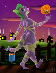 Size: 1500x1945 | Tagged: safe, artist:lvnnkartistries, spike, dragon, g4, :p, ass, butt, candy, clothes, cosplay, costume, dragonbutt, femboy, food, halloween, holiday, male, mummy, pumpkin bucket, scenery, solo, sunset, tongue out