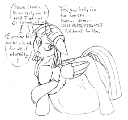 Size: 1292x1220 | Tagged: safe, artist:adlaz, princess celestia, twilight sparkle, alicorn, pony, g4, belly, dialogue, female, fetish, huge belly, implied lord tirek, offscreen character, same size vore, solo, sphinxlight sparkle, twilight sparkle (alicorn), twipred, vore