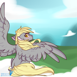 Size: 1024x1024 | Tagged: safe, artist:zakkurro, derpy hooves, pegasus, pony, g4, blushing, cloud, female, looking back, solo, spread wings, wings