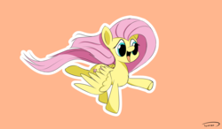 Size: 2382x1394 | Tagged: safe, artist:taurson, fluttershy, pegasus, pony, g4, autumn, dancing, female, happy, looking away, open mouth, raised hoof, raised leg, simple background, smiling, solo, spread wings, windswept hair, windswept mane, wings