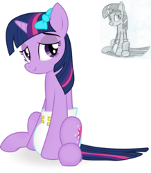 Size: 3000x3436 | Tagged: safe, artist:killahurtz12, artist:twilights-secret, twilight sparkle, pony, unicorn, g4, bow, diaper, female, hair bow, high res, lidded eyes, looking at you, mare, non-baby in diaper, simple background, sitting, solo, transparent background, unicorn twilight