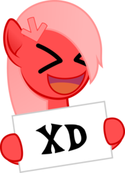 Size: 1400x1937 | Tagged: safe, artist:arifproject, edit, oc, oc only, oc:downvote, earth pony, pony, derpibooru, ><, derpibooru ponified, eyes closed, holding, ponified, sign, simple background, solo, transparent background, xd