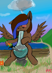 Size: 2480x3508 | Tagged: safe, artist:pinkponycarcass, pegasus, pony, bloodshot eyes, bong, cloud, drug use, drugs, female, flower, high res, mare, marijuana, outdoors, sitting, solo, spread wings, wings