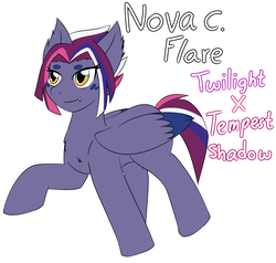 Size: 2914x2769 | Tagged: safe, artist:jolliapplegirl, oc, oc only, oc:nova c. flare, pegasus, pony, g4, my little pony: the movie, female, high res, magical lesbian spawn, next generation, offspring, parent:tempest shadow, parent:twilight sparkle, parents:tempestlight, simple background, solo, white background