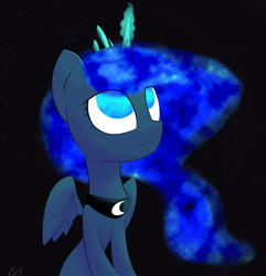 Size: 2310x2400 | Tagged: safe, artist:creepypastapon3, princess luna, alicorn, pony, g4, female, glowing horn, high res, horn, looking up, mare, night, no pupils, signature, sitting, smiling, solo, wings