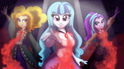 Size: 1280x720 | Tagged: safe, artist:faith-wolff, adagio dazzle, aria blaze, sonata dusk, fanfic:the bridge, equestria girls, g4, alternate clothes, alternate hairstyle, bedroom eyes, clothes, crossover, disney, dress, female, gem, halloween, hocus pocus (film), holiday, magic, mary sanderson, sanderson sisters, sarah sanderson, siren gem, the dazzlings, trio, winifred sanderson, witch