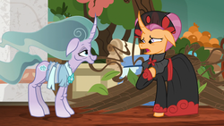 Size: 1920x1080 | Tagged: safe, screencap, mistmane, sable spirit, pony, unicorn, campfire tales, g4, 1080p, age progression, age regression, clothes, curved horn, empress sable spirit, female, horn, mare, old, older, young, young sable spirit