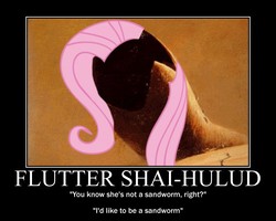 Size: 750x600 | Tagged: safe, fluttershy, sandworm, shai-hulud, g4, dune, motivational poster, pun, shy-hulud