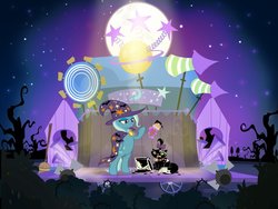 Size: 900x675 | Tagged: safe, artist:pixelkitties, opalescence, trixie, pony, unicorn, g4, bipedal, black paint, paint, stage, this will end in tears and/or death