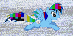 Size: 2457x1227 | Tagged: safe, rainbow dash, pegasus, pony, g4, alternate cutie mark, cutie mark swap, female, flying, mare, smiling, solo, spread wings, static, test card, wings