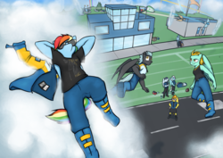 Size: 1920x1362 | Tagged: safe, artist:captainhoers, fleetfoot, lightning dust, rainbow dash, soarin', spitfire, thunderlane, anthro, g4, clothes, cloud, sunglasses, wonderbolts