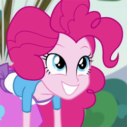 Size: 720x720 | Tagged: safe, edit, edited screencap, screencap, pinkie pie, equestria girls, g4, my little pony equestria girls: friendship games, pinkie spy (short), balloon, breast edit, breasts, cleavage, clothes, cropped, cute, diapinkes, downblouse, female, floating, grin, looking up, pinkie being pinkie, pinkie physics, skirt, sky, smiling, solo, squee, then watch her balloons lift her up to the sky, tree