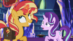 Size: 800x449 | Tagged: safe, screencap, starlight glimmer, sunset shimmer, pony, unicorn, equestria girls, equestria girls specials, g4, mirror magic, animated, cute, female, floppy ears, frown, gif, grin, mare, raised hoof, reading, smiling, squee, talking, wide eyes