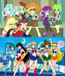 Size: 1617x1872 | Tagged: safe, edit, edited screencap, screencap, applejack, cherry crash, mystery mint, paisley, scribble dee, watermelody, a queen of clubs, equestria girls, g4, my little pony equestria girls: better together, aino minako, anime reference, applejack is best facemaker, applejack is not amused, background human, clothes, comparison, cute, female, flower, geode of super strength, hino rei, kino makoto, manga, meatball head, mizuno ami, photobomb, reference, rose, sailor jupiter, sailor mars, sailor mercury, sailor moon (series), sailor senshi, sailor venus, scribblebetes, tsukino usagi, tuxedo jack, tuxedo mask, unamused