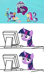 Size: 817x1380 | Tagged: safe, applejack, fluttershy, pinkie pie, rainbow dash, rarity, sci-twi, sunset shimmer, twilight sparkle, alicorn, equestria girls, g4, my little pony equestria girls: better together, computer reaction faces, humane five, humane seven, humane six, keyboard, meme, monitor, reaction image, twilight sparkle (alicorn)