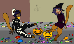 Size: 1500x903 | Tagged: safe, artist:oneovertwo, oc, oc only, oc:cooper, oc:jazz, satyr, g4, my little pony: the movie, bone, candy, clothes, costume, food, halloween, holiday, offspring, parent:capper dapperpaws, pumpkin bucket, skeleton, skeleton costume, witch