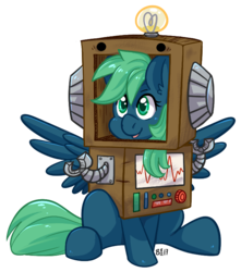 Size: 663x749 | Tagged: safe, artist:bloodorangepancakes, oc, oc only, oc:emerald, pegasus, pony, robot, clothes, costume, female, mare, nightmare night costume, simple background, sitting, solo, transparent background