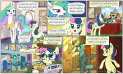 Size: 1920x1149 | Tagged: safe, artist:pencils, bon bon, princess celestia, sweetie drops, oc, oc:glenda gullwind, alicorn, earth pony, griffon, pony, comic:sunbutt sunday, g4, bepis, cigar, clothes, coat, comic, crown, desk, dialogue, discussion in the comments, exclamation point, female, glasses, griffon oc, grin, hat, hind legs, hoof hold, horseshoes, interrobang, j. jonah jameson, jewelry, looking back, magazine, mare, mouth hold, open mouth, paws, peytral, question mark, regalia, salute, secret agent sweetie drops, smiling, speech bubble, written equestrian
