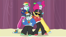 Size: 1920x1080 | Tagged: safe, screencap, pinkie pie, rainbow dash, snails, snips, a queen of clubs, equestria girls, g4, my little pony equestria girls: better together, backwards ballcap, baseball cap, cap, clothes, converse, dj snazzy snails, hat, hip hop, mc pinkie, mc snips, pants, rapper, rapper dash, rapper pie, shoes, stage