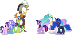 Size: 13941x6885 | Tagged: safe, artist:fruft, discord, princess celestia, princess luna, starlight glimmer, thorax, trixie, twilight sparkle, alicorn, changedling, changeling, pony, unicorn, celestial advice, g4, .svg available, absurd resolution, cape, clothes, cute, discute, female, group, hat, king thorax, looking at you, male, mare, simple background, transparent background, trixie's cape, trixie's hat, twilight sparkle (alicorn), vector