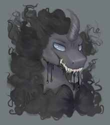 Size: 2200x2500 | Tagged: dead source, safe, artist:thefluffyvixen, pony of shadows, pony, g4, shadow play, curved horn, fangs, high res, horn, looking at you, male, salivating, sharp teeth, simple background, solo, stallion, teeth