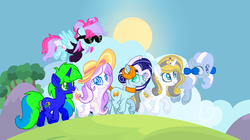 Size: 1024x574 | Tagged: safe, artist:bezziie, oc, oc only, oc:strawberry pie, earth pony, pegasus, pony, unicorn, alternate mane six, base used, best friends until the end of time, female, flying, hat, mare, sunglasses