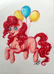 Size: 1532x2072 | Tagged: dead source, safe, artist:nifka22-02, pinkie pie, earth pony, pony, g4, balloon, female, floating, happy, mare, missing cutie mark, solo, then watch her balloons lift her up to the sky, traditional art