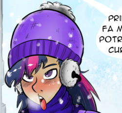 Size: 448x414 | Tagged: safe, artist:fbertu, twilight sparkle, human, g4, cap, cropped, hat, humanized, open mouth, snow