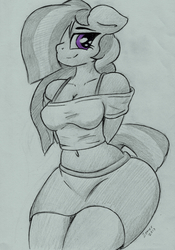 Size: 1619x2316 | Tagged: safe, artist:zemer, marble pie, anthro, belly button, bra strap, clothes, cute, female, grayscale, midriff, miniskirt, moe, monochrome, short shirt, skirt, solo