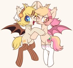 Size: 923x865 | Tagged: safe, artist:hawthornss, oc, oc only, oc:pomme-pomme, oc:sweet magic, bat pony, pony, bat pony oc, blushing, clothes, cute, cute little fangs, ear fluff, fangs, looking at you, male, one eye closed, scrunchy face, simple background, socks, trap, twins, wink