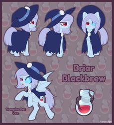 Size: 856x934 | Tagged: safe, artist:hawthornss, oc, oc only, oc:briar blackbrew, vampire bat pony, cloak, clothes, hat, looking at you, reference sheet, witch hat