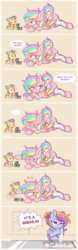 Size: 400x1277 | Tagged: safe, artist:hawthornss, oc, oc only, oc:glittering cloud, oc:otter pop, oc:paper stars, bat pony, pegasus, pony, ..., :o, :t, amputee, annoyed, blocks, bracelet, colored wings, colored wingtips, comic, cute, cute little fangs, ear fluff, ear tufts, eyes closed, face down ass up, fangs, female, foal, frown, glare, hair bun, hnnng, hoof hold, jewelry, lidded eyes, magical lesbian spawn, mare, mother and daughter, nom, offspring, open mouth, prone, raised hoof, reaching, ring, shipping, sitting, smiling, sparkles, suspicious, unamused, underhoof, watching, weapons-grade cute, wedding ring