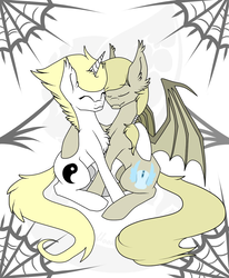 Size: 892x1080 | Tagged: safe, artist:moonscream decepticon, oc, oc only, bat pony, pony, unicorn, bat pony oc, chest fluff, duo, ear fluff, embrace, eyes closed, hug, spider web