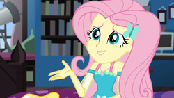 Size: 1920x1080 | Tagged: safe, screencap, fluttershy, equestria girls, g4, my little pony equestria girls: better together, star crossed, cute, female, geode of fauna, shyabetes, smiling, solo