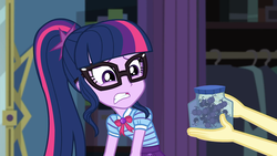 Size: 1920x1080 | Tagged: safe, screencap, fluttershy, sci-twi, twilight sparkle, firefly (insect), insect, equestria girls, equestria girls series, g4, star crossed, disgusted, female, geode of telekinesis, glasses, jar, scared, solo focus