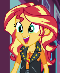 Size: 521x629 | Tagged: safe, screencap, sunset shimmer, a fine line, equestria girls, equestria girls series, g4, alright, clothes, cropped, cute, geode of empathy, grin, jewelry, leather, leather vest, magical geodes, necklace, open mouth, open smile, shimmerbetes, shoulderless shirt, smiling, spikes, vest