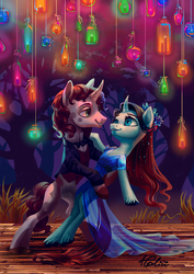Size: 2480x3507 | Tagged: safe, artist:holivi, oc, oc only, pony, g4, clothes, commission, dress, female, high res, looking at each other, male, mare, married couple, oc x oc, puffy sleeves, shipping, smiling, stallion, straight