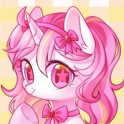 Size: 1000x1000 | Tagged: safe, artist:leafywind, oc, oc only, oc:flower tune, pony, unicorn, abstract background, bow, female, looking at you, mare, solo, starry eyes, wingding eyes