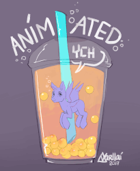 Size: 900x1100 | Tagged: safe, artist:varllai, alicorn, pony, :t, animated, auction, bubble, bubble tea, commission, cup, cup of pony, floating, gray background, looking at you, micro, simple background, smiling, solo, spread wings, straw, tiny ponies, underwater, wings, your character here