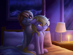 Size: 1024x768 | Tagged: safe, artist:novaintellus, oc, oc only, pony, bed, duo, ear bite, gay, male, oc x oc, shipping, smiling, stallion