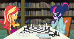 Size: 1426x755 | Tagged: safe, screencap, sci-twi, sunset shimmer, twilight sparkle, equestria girls, g4, my little pony equestria girls: better together, the finals countdown, chair, chess, chessboard incorrectly oriented, clothes, crossed arms, cute, jacket, leather jacket, pants, sitting, smiling, smirk, vest